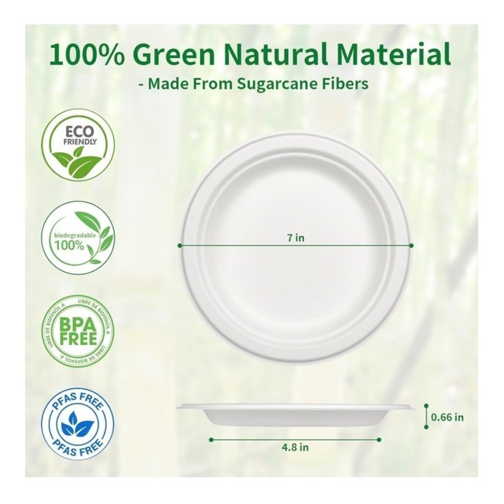 Aricsen 150 Pack 7 Inch Compostable Disposable Round Paper Plates, Natural Wh... - Picture 2 of 4